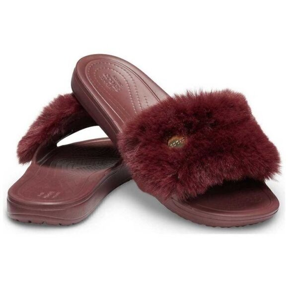 Crocs Sloane Luxe Slide Sandal Flip Flop Burgundy Maroon Faux Fur Sz 7 - Picture 1 of 10